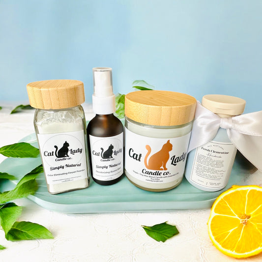 Cat Lady Candle Co cleaning products including a candle, room spray, carpet powder, and concentrated cleaning solution on a tray with a lemon and leaves surrounding them.