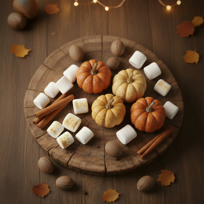 A styled autumn tabletop scene with four small decorative pumpkins arranged on a round wooden serving board, alongside marshmallows, cinnamon sticks, nuts, scattered fall leaves, and warm string lights.