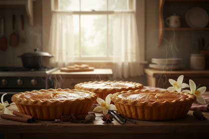 Three freshly baked golden-brown pies sit on a rustic wooden table in a warm, softly lit kitchen. White flowers, cinnamon sticks, star anise, and vanilla beans are arranged around them, with steam rising from the pies.