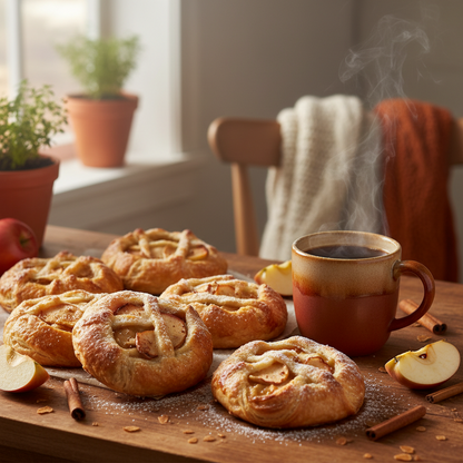 Several golden-brown apple pie pastries arranged on a wooden table beside a steaming ceramic mug, apple slices, cinnamon sticks, and a softly blurred indoor background with a chair and potted plants.