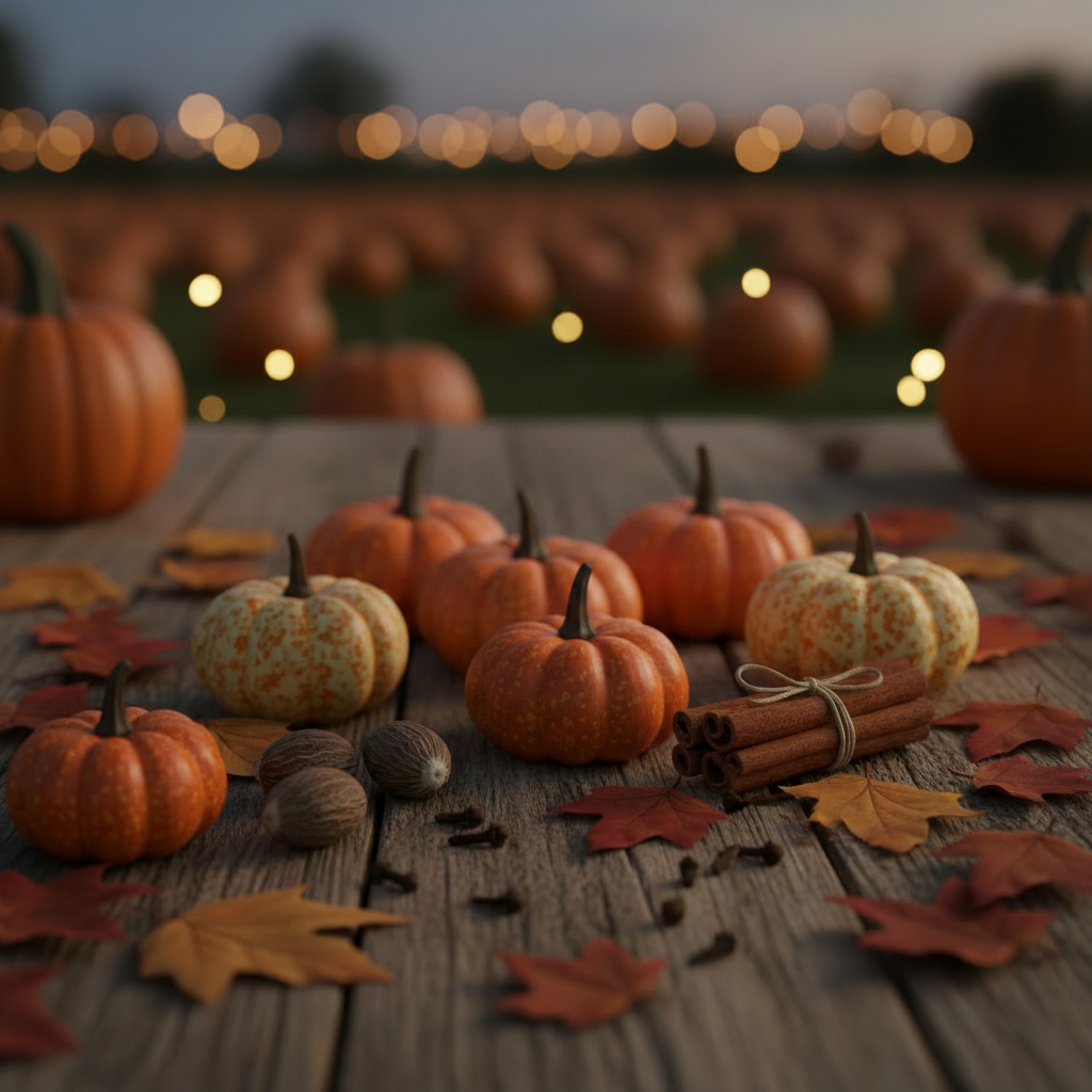 A styled autumn tabletop scene with several small pumpkins in orange and cream tones, scattered red and brown leaves, acorns, cinnamon sticks, and a blurred pumpkin patch at dusk in the background.