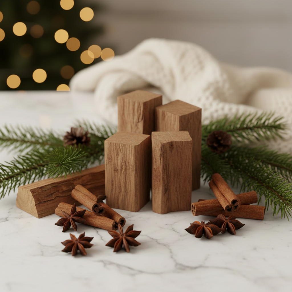 Four rectangular wooden blocks with a natural wood grain finish, styled on a white marble surface with pine branches, cinnamon sticks, star anise, and a soft white knit blanket, with a blurred Christmas tree in the background.