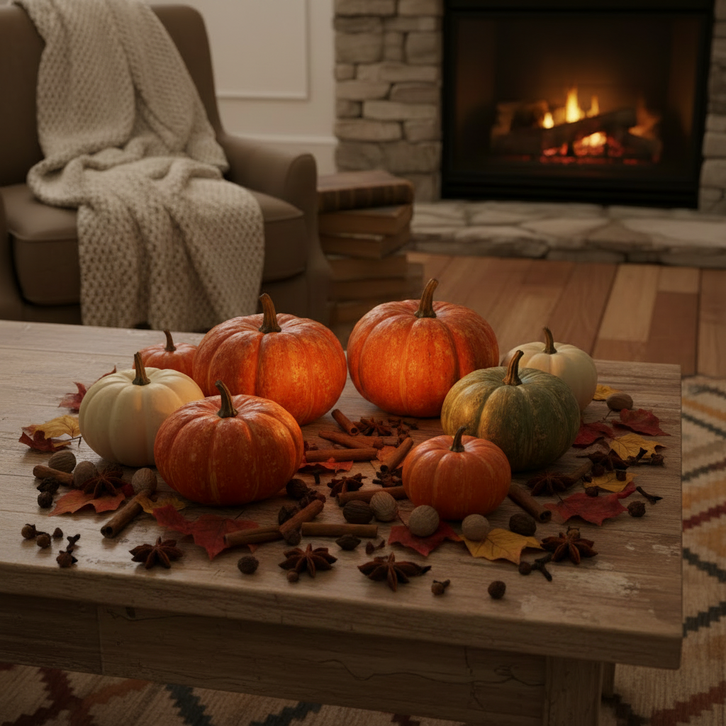 A styled autumn scene in a living room with a wooden coffee table holding several pumpkins in orange, green, and cream tones, surrounded by fall leaves, cinnamon sticks, star anise, and nuts. A cozy armchair with a knitted throw and a stone fireplace with a glowing fire are visible in the background.